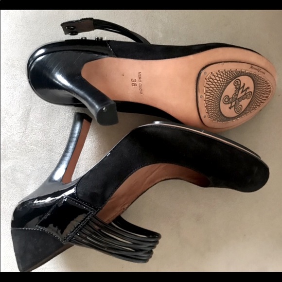 Black Suede Mary Jane Pumps High Heel Shoes w/ Snaps, sz. 38 (7.5 US)-NWT - Picture 2 of 7